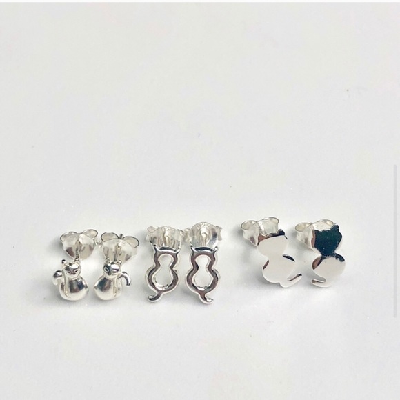 925 Sterling Silver Cat Earrings Set of 3 - Picture 4 of 8